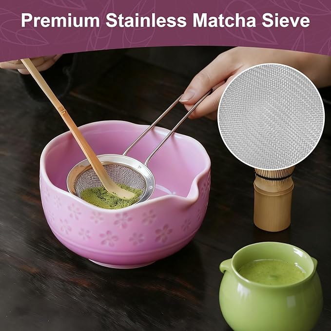 Matcha Set, 9 Pcs Ceramic Matcha Set Includes Bowl, Whisk and Holder, Bamboo Scoop, Scoop Rest, Sifter and Tea Towel ect- Complete Kit for Traditional Matcha, Modern Lattes (Purple)