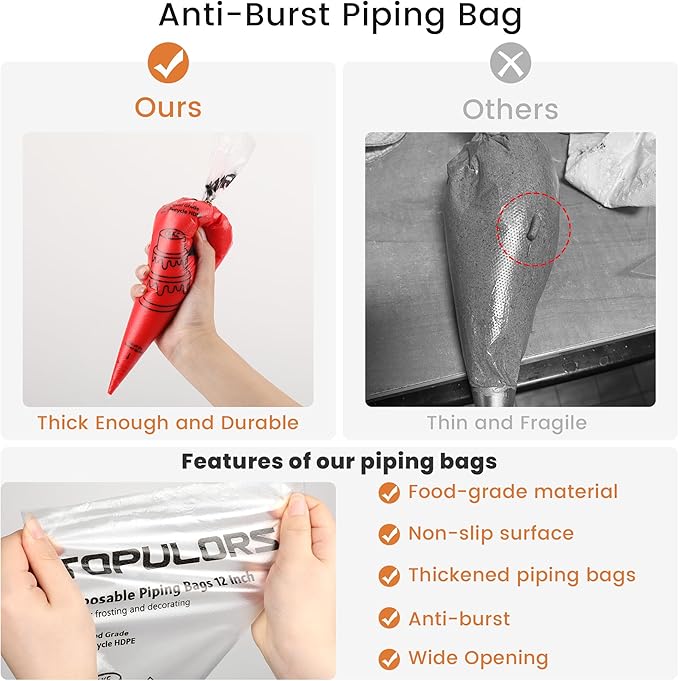 TOPULORS Disposable Piping Bags 12" Height - 100 PCS Pastry Bags - Tipless Icing Piping Bags for Frosting - Ideal for Cakes and Cookies Decorating Supplies - Extra Thick, Anti Burst, and Non-Slip