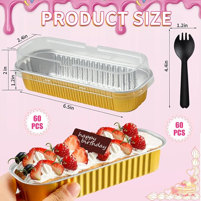 120Pcs Mini Loaf Pans with Lids and Spoons, Aluminum Foil Baking Pans, Rectangle Mini Cake Pan, Brownie Baking Cups for Picnics Party (Gold)