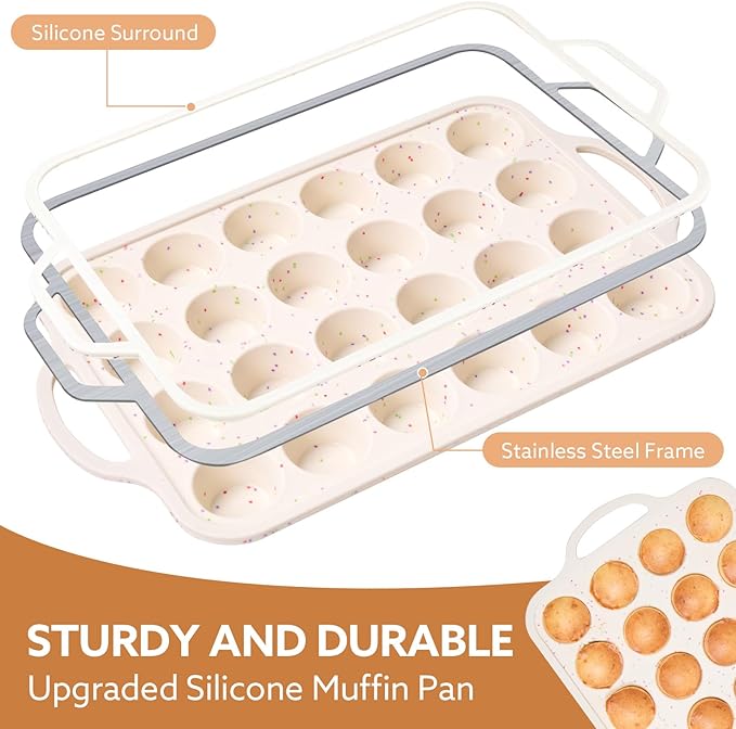 2 Pack Silicone Muffin Pan, 24-Cup Silicone Cupcake Pan With Reinforced Stainless Steel Frame Inside, Nonstick Baking Cupcake Molds for Baking, Confetti