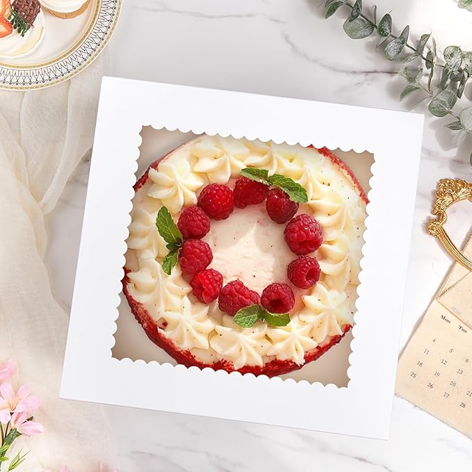 Ocmoiy 2 Sets Cake Boxes with Cake Boards, 10 x 10 x 8 Inches White Bakery Boxes with Window Tall Cake Containers for Wedding Birthday Party