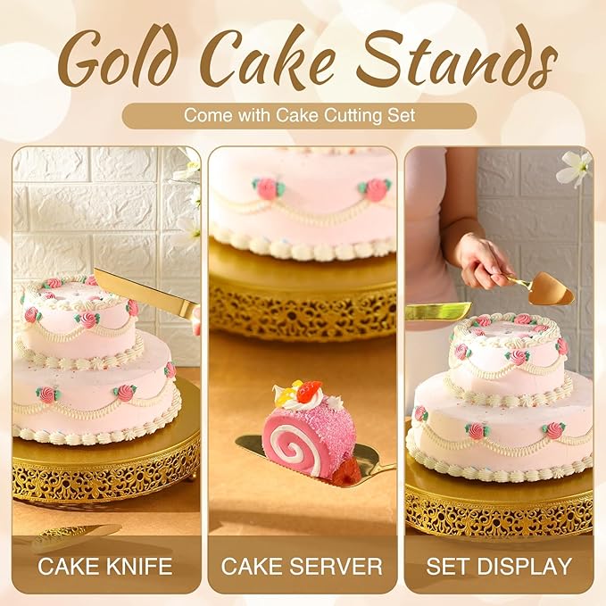 Wenqik 14 Inch Gold Cake Stand Set Metal Round Cupcake Dessert Stand with Cake Cutting, Spatula Cupcake Pastry Display Candy Holder Table Display for Wedding Party Birthday Baby Showers Anniversary