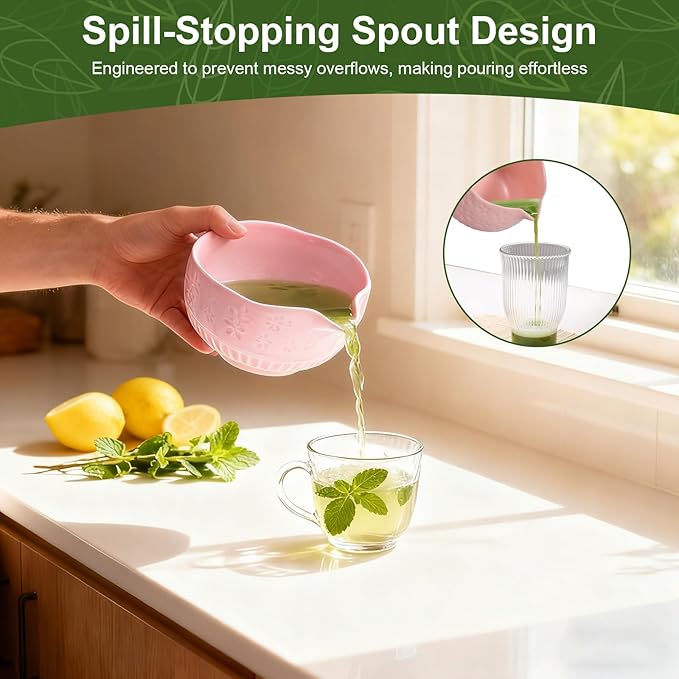 Matcha Set, 9 Pcs Ceramic Matcha Set Includes Bowl, Whisk and Holder, Bamboo Scoop, Scoop Rest, Sifter and Tea Towel ect- Complete Kit for Traditional Matcha, Modern Lattes (Pink)