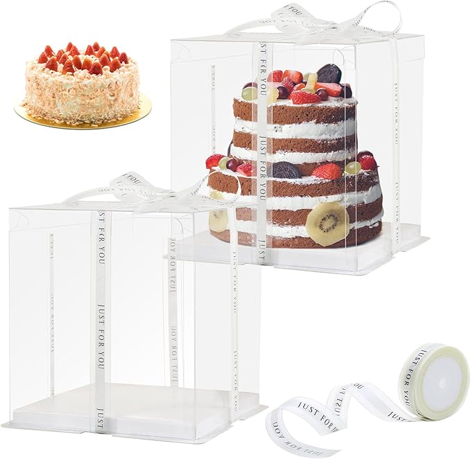 cake box-14 * 14 * 10inch/4pcs, Clear Display Gift Boxes with RibbonStackable Food Storage Containers for Pastry (Clear, 14 * 14 * 10inch/4pcs)