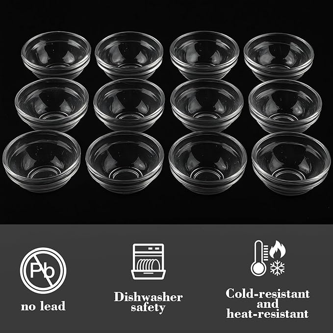 12 Pack Mini Glass Prep Bowls - 2.5OZ Small Ramekins for Condiments, Dipping Sauces, Kitchen Organization
