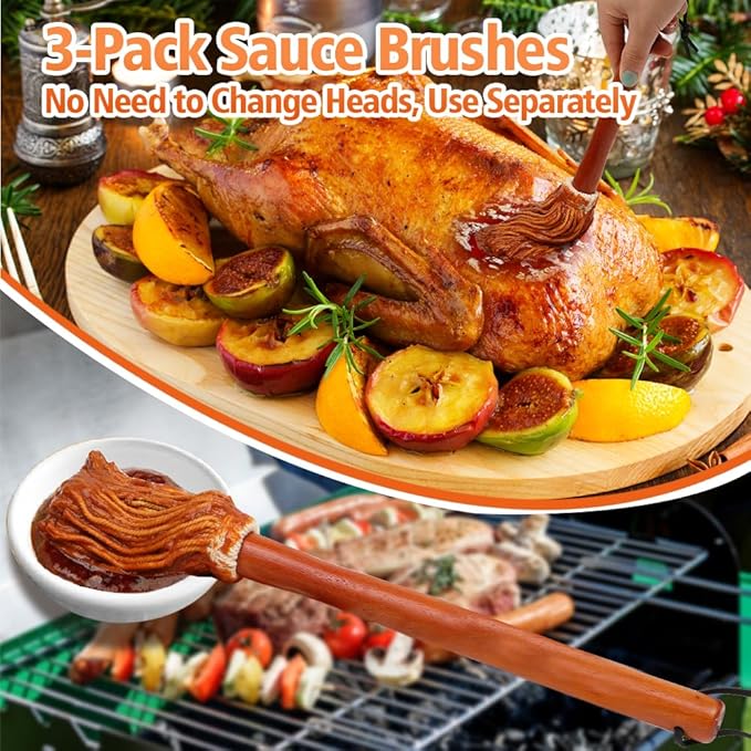16" BBQ Sauce Basting Mops & Brushes for Roasting or Grilling, Apply Barbeque, Marinade or Glazing, Cotton Fiber Head and Hardwood Handle, Dish Mop Style, Perfect for Cooking or Cleaning - Pack of 3