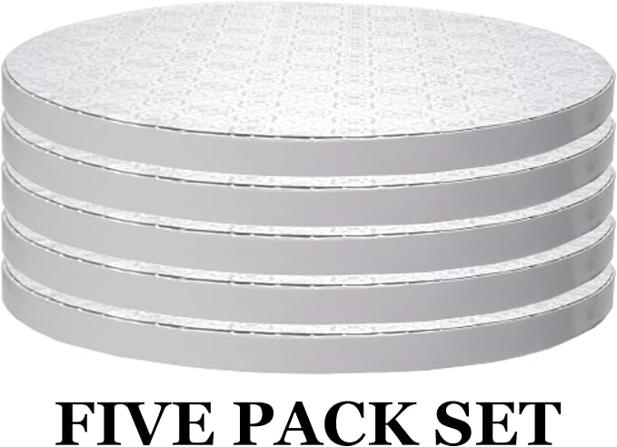 O'Creme White Round Cake Board with Gorgeous Design - Sturdy & Durable 1/2" Thick Drums, 14" Diameter - Pack of 5 Disposable Circles