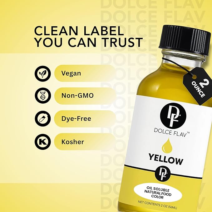 Dolce Flav Natural Yellow Food Coloring – 2 oz Bright Plant-Based Color from Curcumin | Water-Soluble Liquid Color for Baking, Drinks & Frostings | Graduated Dropper Included | | Kosher | No Artificial Dyes | Made in USA