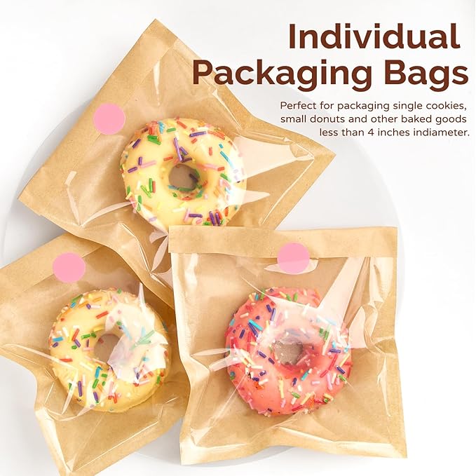 Ocmoiy 100 Pcs Cookie Packaging Bags with Seal, 5.7x6.5 Inch Paper Bakery Bags with Window, Heat-Sealable & Grease-Resistant Bake Sale Sleeves for Treat, Donut, Scone, Brownie, Cake Slice