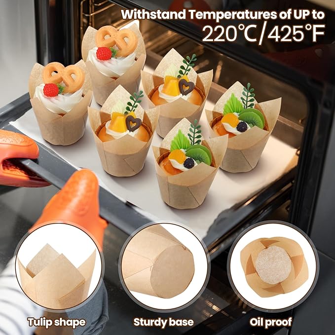 600 Pcs Tulip Cupcake Liners for Baking Muffin Liners Printed Baking Cups Holders Greaseproof Wrappers Decoration for Cupcake Bouquet Birthday Party Wedding Bride Shower (Kraft Paper Color)