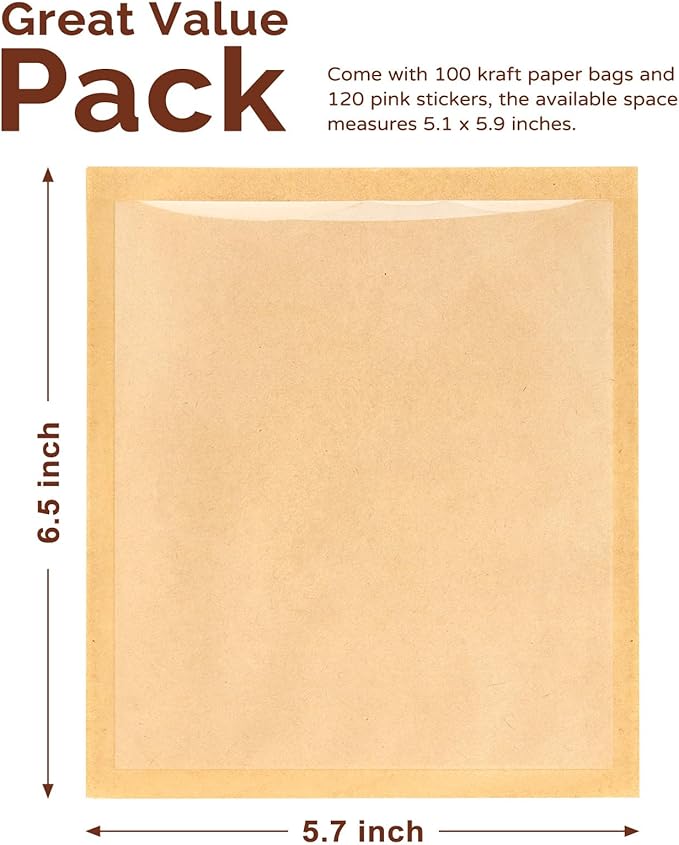 Ocmoiy 100 Pcs Cookie Packaging Bags with Seal, 5.7x6.5 Inch Paper Bakery Bags with Window, Heat-Sealable & Grease-Resistant Bake Sale Sleeves for Treat, Donut, Scone, Brownie, Cake Slice
