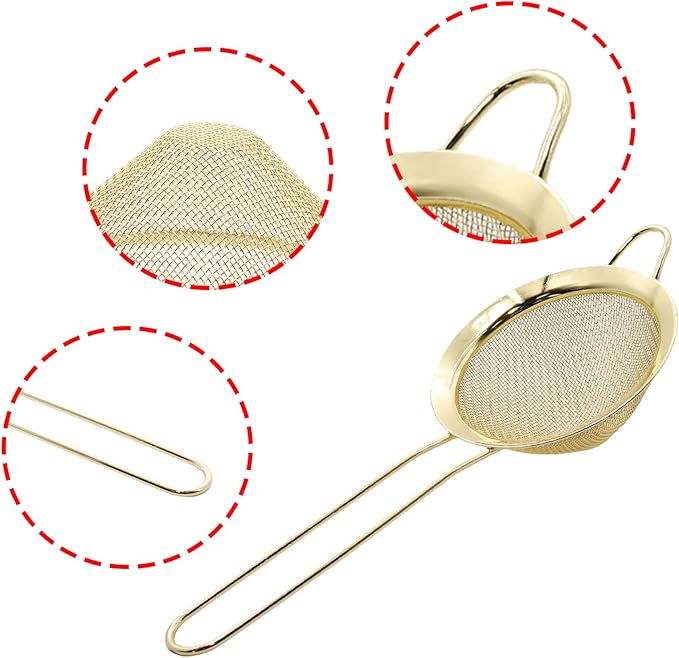 Gold Fine Mesh Strainer - 304 Stainless Steel Handheld Sieve, Small Kitchen Filter for Baking, Tea & Cocktail Making