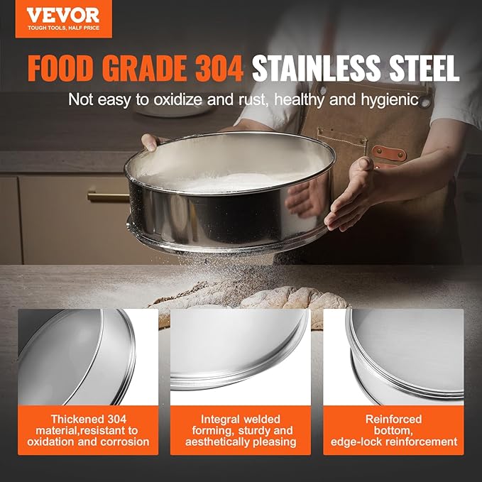 VEVOR Fine Mesh Flour Sieve, 150 Mesh Sifter, 304 Stainless Steel Food-Grade, 12.6" Strainer for Baking, 5 Sizes Mesh Hole for Mungbean, Rice, Pearl Powder