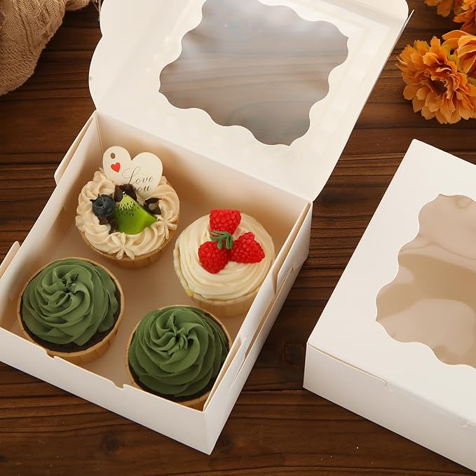 QTLCOHD 100 Pack Bakery Boxes 6 x 6 x 3 Inches Cookie Boxes with Window White Pastry Boxes Bulk Treat Boxes for Dessert, Cupcakes, Pastries, Cookies, Strawberries Chocolate