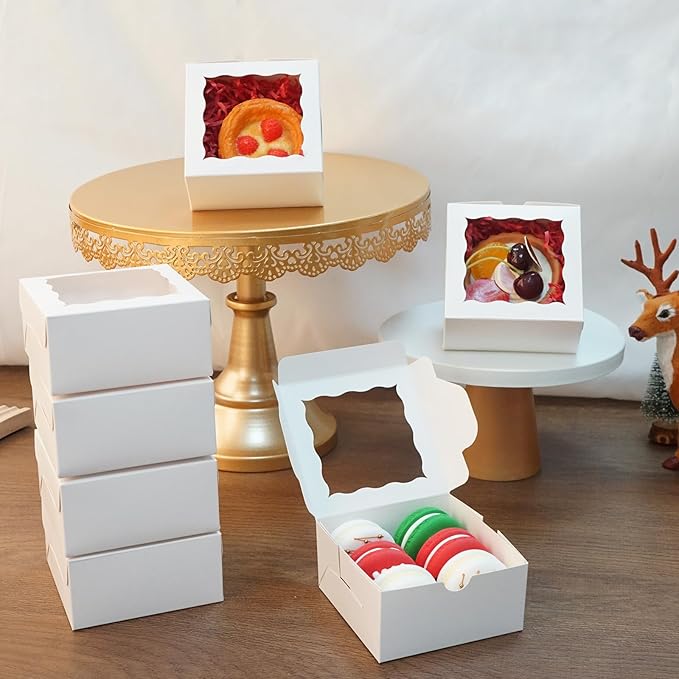 40pcs Cookie Boxes 4x4x2 Inch Bakery Boxes with Window Dessert Treat Box Chocolate Covered Strawberries Box for Wedding Party Birthday