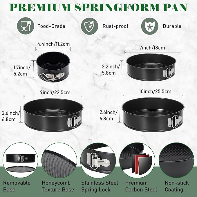 4 Pack Springform Pan Tins Set 4, 7, 9,10 Inch Baking Mold Round Leakproof Nonstick Removable Bottom Bakeware for Cake Cheesecakes Pie Pizza and Quiches