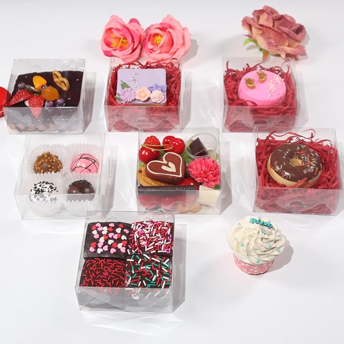 50pcs 4x4x2 Inch Plastic Clear Pastry Boxes - Cookies, Doughnuts, Soap, Truffle, Brownie, Cake, Chocolate Covered Strawberries & Treat Boxes for Party Favors & Wedding