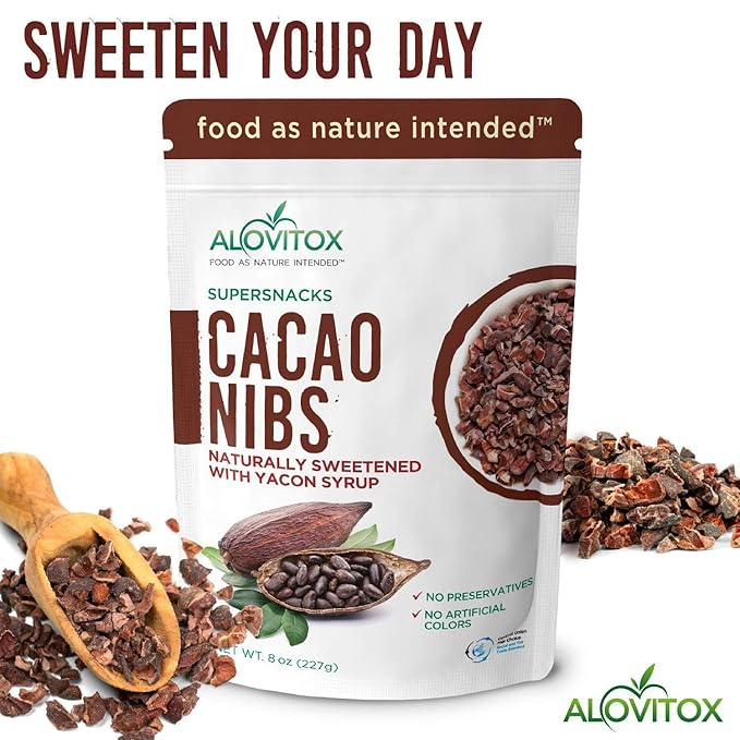 Cacao Nibs Naturally Sweetened with Yacon Syrup | Raw Organic, Sugar Free, Keto, Paleo and Vegan Friendly | Antioxidant and Protein Rich Criollo Chocolate Snack by Alovitox | 2 lb (4 x 8 oz)