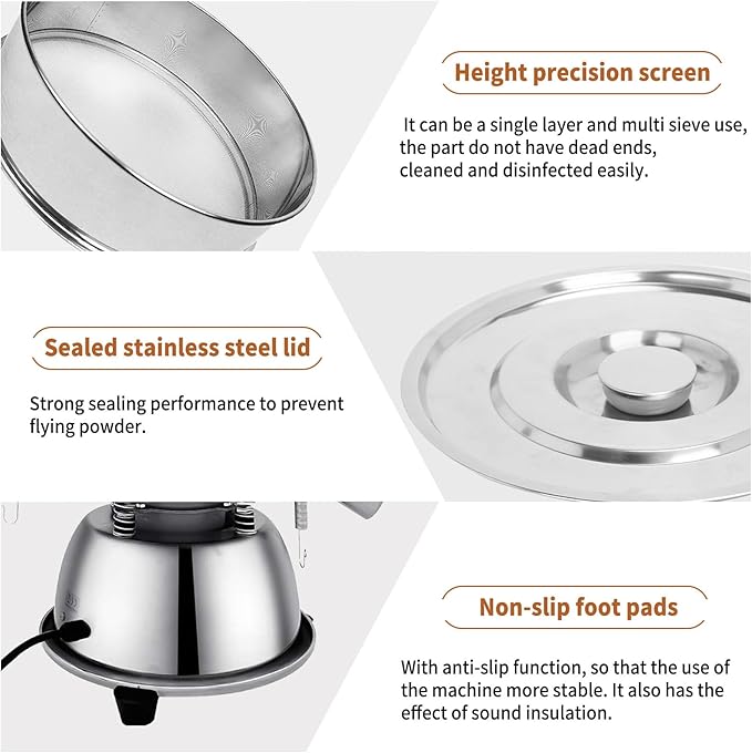 Automatic Powder Sifter Machine 12 Mesh 80 Mesh Automatic Sieve Shaker Vibrating Machine 110V Stainless Steel Sieve Shaker Machine with 2 Screens, Sieve Shaker Machine for Flour Powders