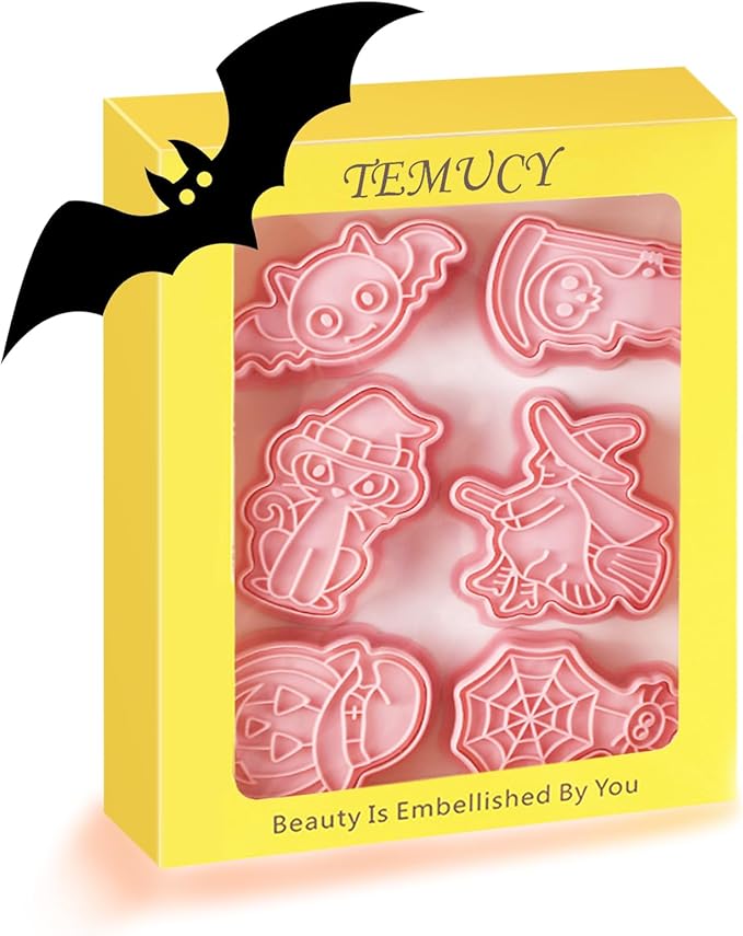 Novel Halloween Cookie Cutters and Stamper, Pumpkin, Ghost, Witch, Bat, Cat, Spider 3D Cookie Cutters Set for Halloween Baking (Pack of 12)