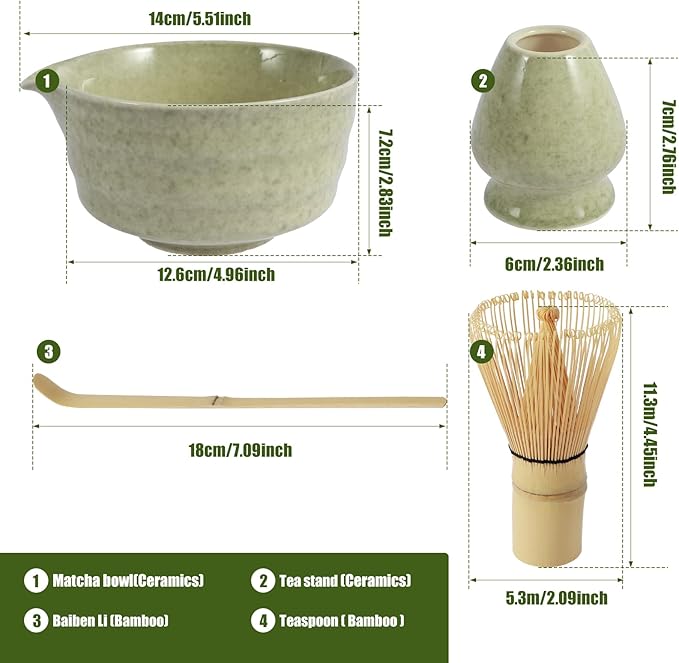 4Pcs Matcha Making Kit, Ceramic Bowl, Bamboo Whisk and Scoop, Matcha Sifter and Holder