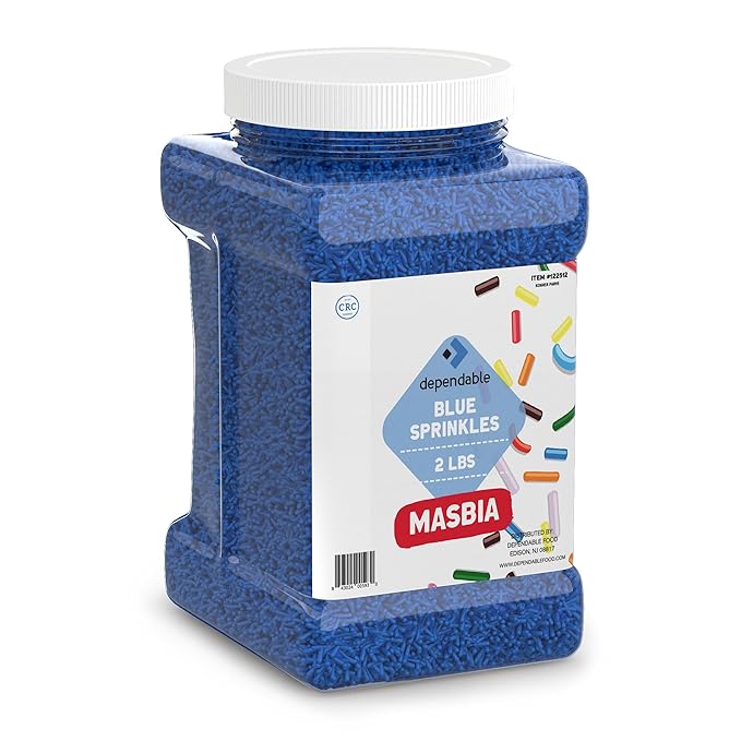 Dependable Food Blue Sprinkles - 2 Lb. Bulk Container - Gluten-Free, Kosher, Blue Jimmies for Cake Decorating, Cupcakes & More - Resealable Jar