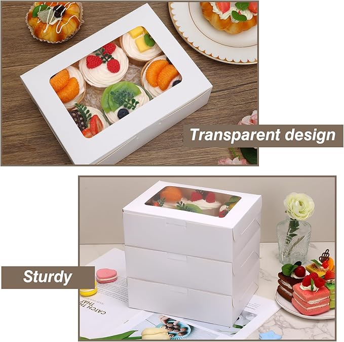 TOMNK 12pcs 8x6x2.5 Inches Bakery Boxes with Window, Cookie Boxes for Chocolate Strawberries, Donuts, Cupcakes, Muffins and Dessert