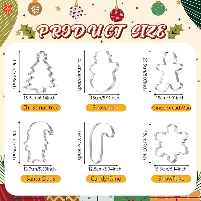 6 Pcs Large Christmas Cookie Cutters 8" Stainless Steel Metal Cookie Baking Cutter for Holiday, Xmas Tree, Snowman, Gingerbread Men, Gnome, Candy Cane, Snowflake