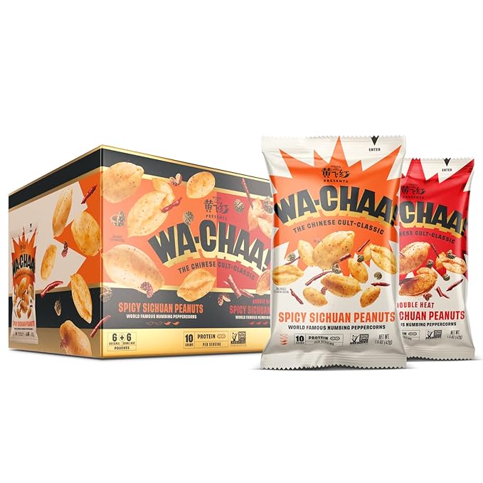 WA-CHAA! Spicy Sichuan Peanuts, Numbing Mala Peppercorns, Toasted Chili Flakes, Protein-Packed, Party Snacks, Non-GMO, On-The-Go Travel Size 1.5 Oz (12 Pack, Variety (6 Original, 6 Double Heat))