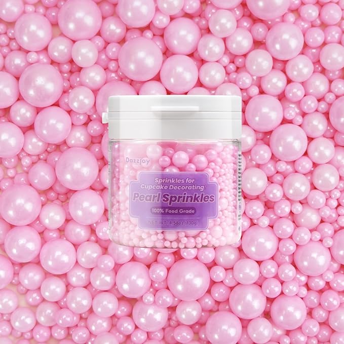 Dazzjoy Edible Pink Pearl Sprinkles, Pearl Sugar Sprinkles130g/4.58oz, Cupcake Toppers Cake Decorations, Easter Wedding Party Valentines Halloween Christmas Supplies