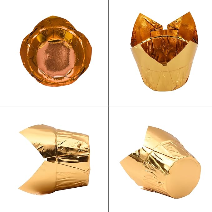 Party Hippo Gold Tulip Cupcake Liners 100 Pcs Baking Paper Cups Holders Greaseproof Muffin Cases Wrappers for Wedding Birthday Party Baby Shower (Gold)