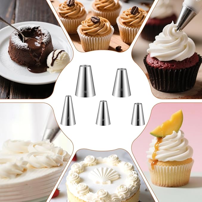 Large Round Piping Tip for Cake Decorating, 5 Pieces Stainless Steel Cupcake Frosting Nozzles Cake Tool Frosting Tip Russian Pastry Icing Dispensers for Baking Cookies Puff Doughnut Cream Bag Filler