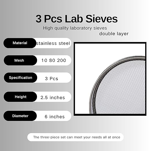 3 Pcs Lab Sieves，6 Inch Diameter Test Sifter 10Mesh（2.19mm）、80Mesh（0.217mm）and 200 Mesh（0.077mm）