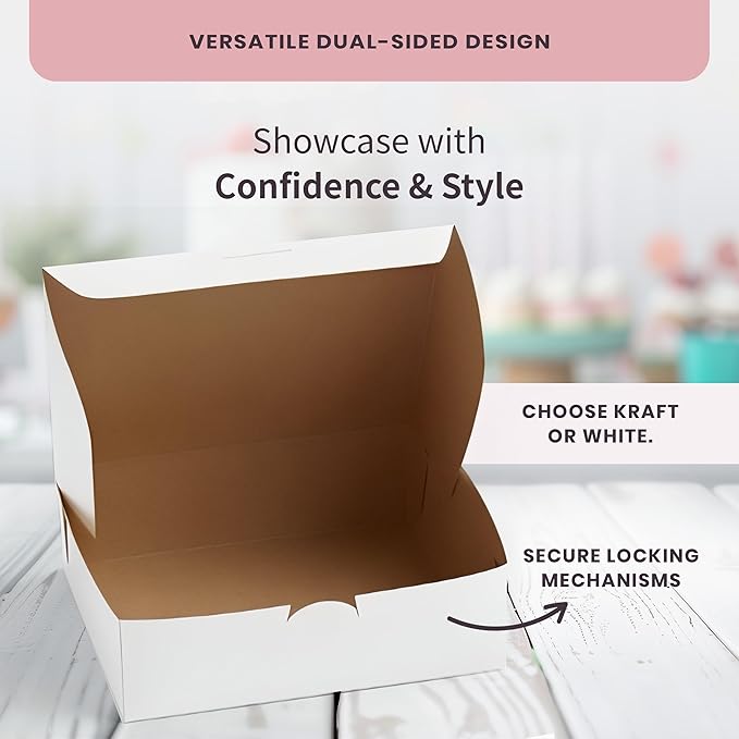 Reversible Bakery Boxes 10 x 10 x 3 in, No Window Lock Corner Pie and Cake Boxes with Front Tuck Lock & Side Clips, Kraft or White Exterior, Microwavable, 100 Pack