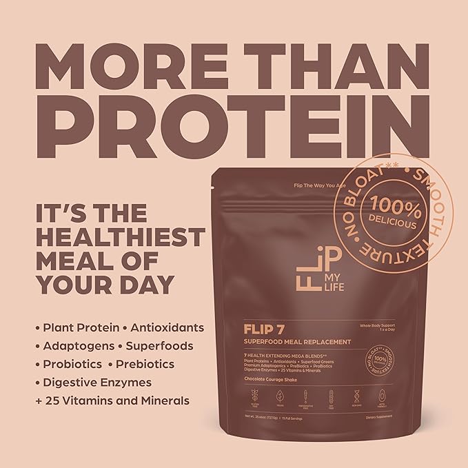 Flip My Life, Flip 7 Natural SuperFood, Plant-Based Protein, Complete Meal Replacement to Support Healthy Gut, 7 Mega Nutrient Rich Blends all in one to AGE BETTER - Chocolate