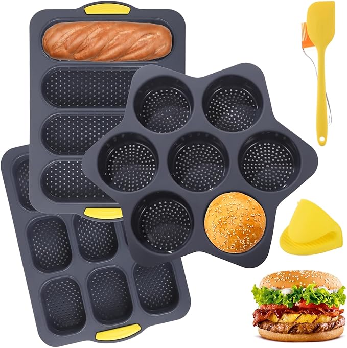 Set of 6 Hamburger Bun Pans, 4/7/9-Cup Silicone Burger Bun Molds with Brush, Spatula, and Grab Glove, Nonstick Perforated Baking Pans, Rectangular Loaf Molds, Dishwasher and Microwave Safe