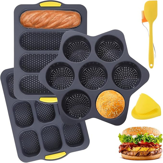 Set of 6 Hamburger Bun Pans, 4/7/9-Cup Silicone Burger Bun Molds with Brush, Spatula, and Grab Glove, Nonstick Perforated Baking Pans, Rectangular Loaf Molds, Dishwasher and Microwave Safe