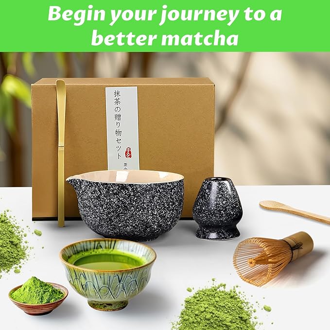 Matcha Set, 6 Pcs Matcha Whisk Set with 20 oz Bowl, Bamboo Whisk for Matcha Tea, Matcha Bowl, Ceramic Matcha whisk Holder, Stainless Sifter and Scoop - Gift for matcha kit Lovers（Black）