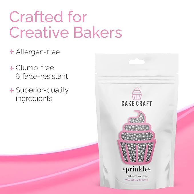 Cake Craft Silver Sugar Pearl Sprinkles – 3-Pack (100g Each) | Elegant Metallic Sprinkles for Cakes, Cupcakes, Cookies & More | Perfect for Weddings, Parties & Special Occasions
