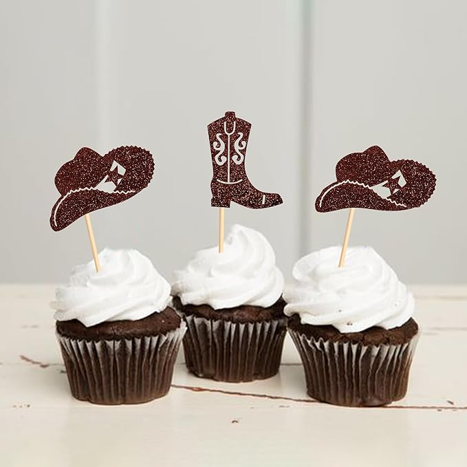 24Pcs Cowboy Cupcake Toppers Glitter Cowgirl Hat and Boot Cupcake Toppers Picks Western Theme Baby Shower Kids Birthday Party Supplies