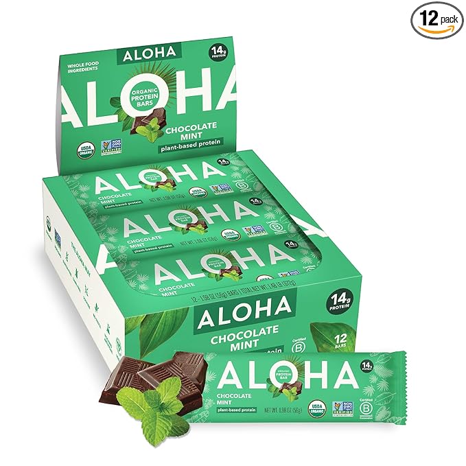 ALOHA Organic Plant Based Protein Bars, Chocolate Mint, 1.98 Oz (Pack of 12)