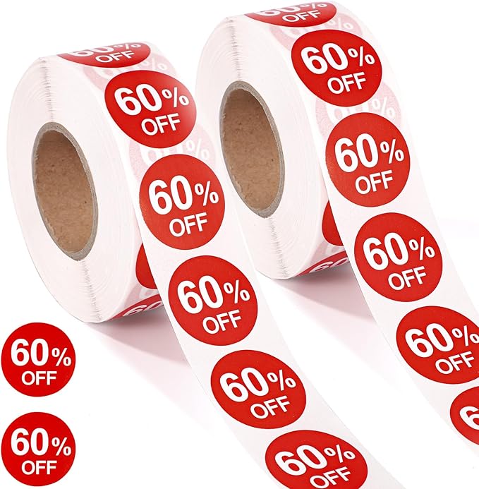 2 Rolls Discount Stickers, 1in Round Promotion Labels Self Adhesive Price Markers Signs Sales Reduced Tags for Retail Stores Supermarkets Shops Garage (Red)