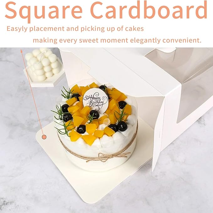 10pcs 6 inch cake boxes with cake boards,6x6x6 In cake box with handle bento,cupcake,pastries for Christmas,Birthday Party, Wedding（with stickers
