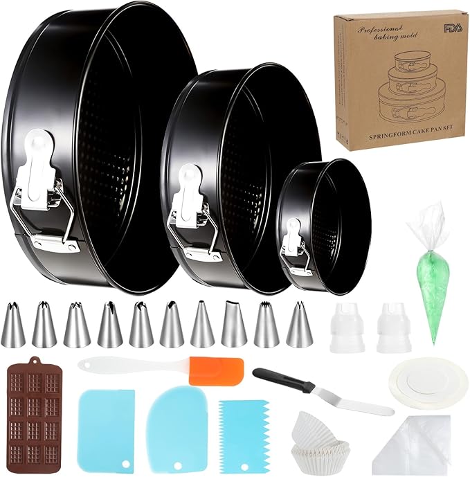 131Pcs Springform Pan Cake Pan Sets for Baking Non-Stick Cake Decorating Kit (4, 7, 9 Inch), Piping Bags and Tips Cheesecake Bakeware Baking Tools Parchment Paper & Manual