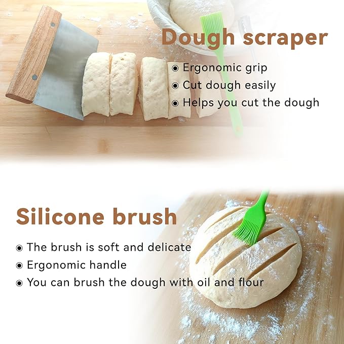 Banneton Bread Proofing Basket Sourdough Bread Baking Supplies, Sourdough Starter Kit with 9" Round, Bread Making Supplies Tools, Bread Lame, Sling, Spatula, Scraper, Dough Whisk