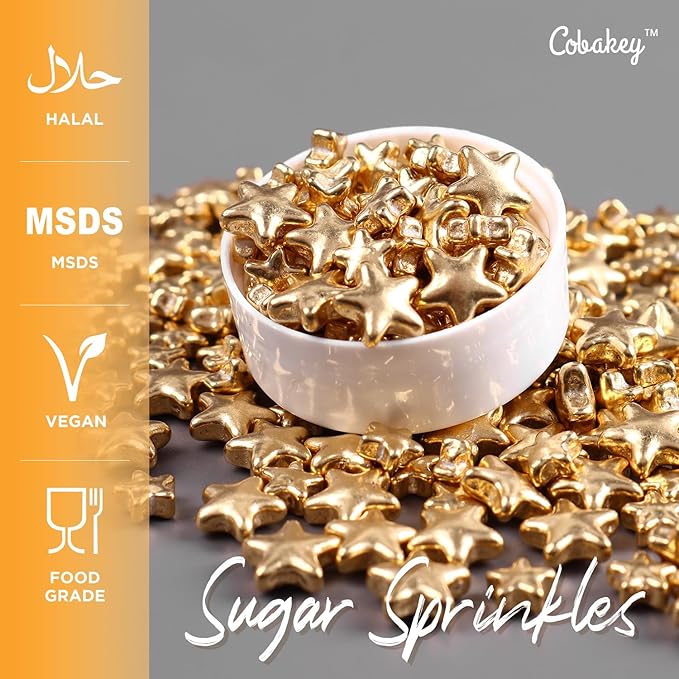 Cobakey Bright Gold Sprinkles for Cake Decorations 100g/ 3.52oz Star Metallic Pearl Sugar Sprinkles for Cupcake Toppers Wedding Party Valentines Halloween Christmas Supplies