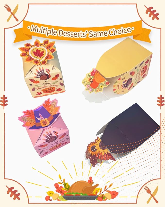 qiqee Thanksgiving Gift Boxes Small Fall Treat Cookie Boxes 3D Square Turkey Pumpkin Maple Flower Print Bakery Box for Gifts Giving Festival Party, Chocolate, Pudding (56pcs 3.3"x3.3"x3.3")