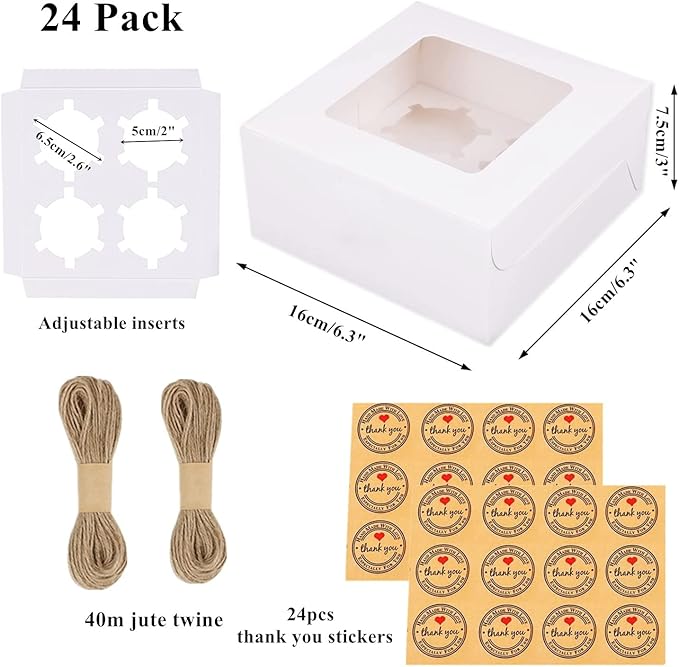 24 PCS White Cupcake Boxes with Window & Inserts, Cupcake Containers 4 Count, Bakery Boxes, Cookie Boxes 6x6x3" Cake Boxes, Pastry Boxes Muffins Treat Gift Boxes for Macaroon Pops Strawberries