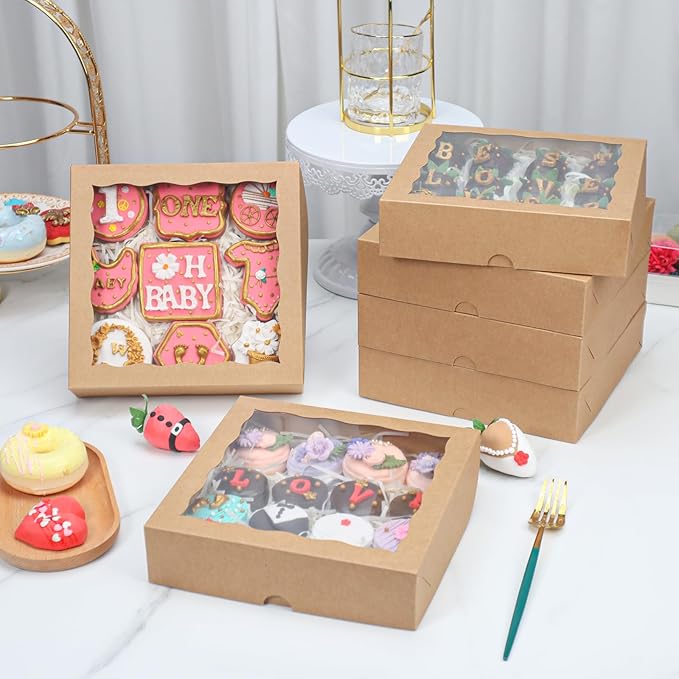 30pcs 8x8x2 Inch Brown Bakery Boxes with Window - Perfect for Cookies, Chocolate Covered Strawberries, Pretzels, Cakesicles & More