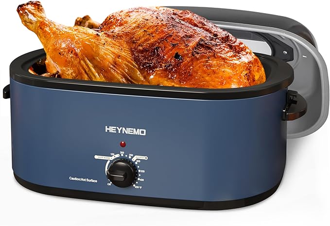 HEYNEMO 24Qt Turkey Roaster Oven Buffet with Self-Basting Lid, 1450W Electric Roaster Oven with Cool-Touch Handles, Removable Pan and Rack, Stainless Steel, Blue